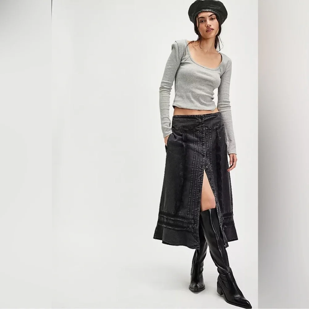 FREE PEOPLE Whitney Washed Black Lace-Trimmed Western Prairie Midi Skirt
